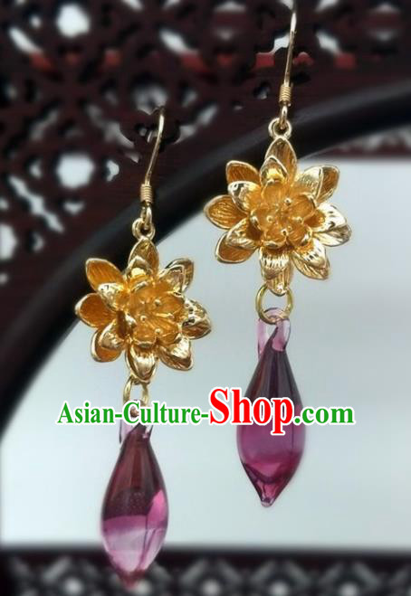 Traditional Chinese Ancient Wedding Hanfu Purple Crystal Earrings Handmade Jewelry Accessories for Women