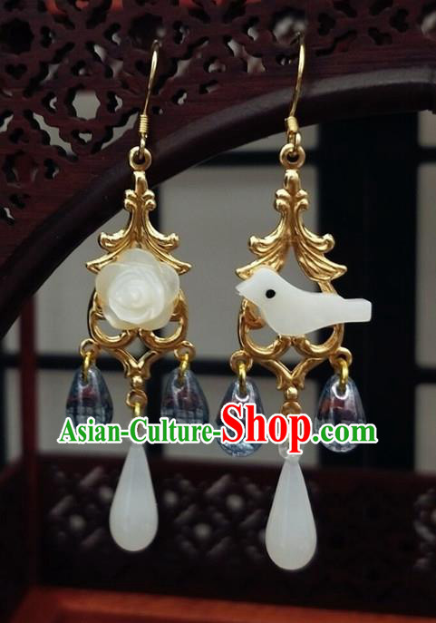 Traditional Chinese Ancient Hanfu Jade Bird Earrings Handmade Wedding Jewelry Accessories for Women