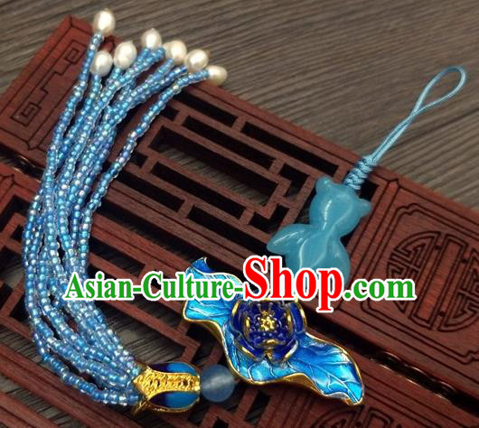 Traditional Chinese Ancient Blueing Lotus Brooch Handmade Hanfu Palace Breastpin Tassel Pendant for Women