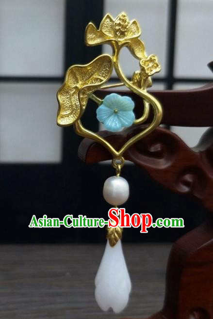 Traditional Chinese Ancient Golden Lotus Brooch Handmade Hanfu Palace Breastpin Tassel Pendant for Women