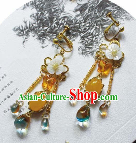 Handmade Chinese Ancient Princess Yellow Chalcedony Earrings Traditional Hanfu Jewelry Accessories for Women
