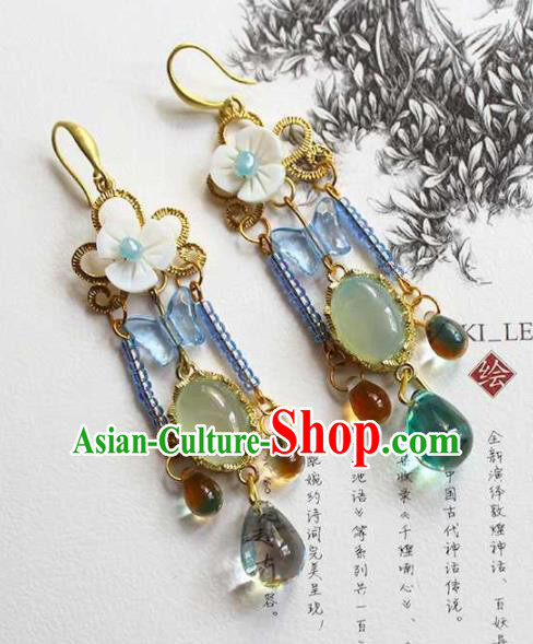 Handmade Chinese Ancient Princess Green Chalcedony Earrings Traditional Hanfu Jewelry Accessories for Women