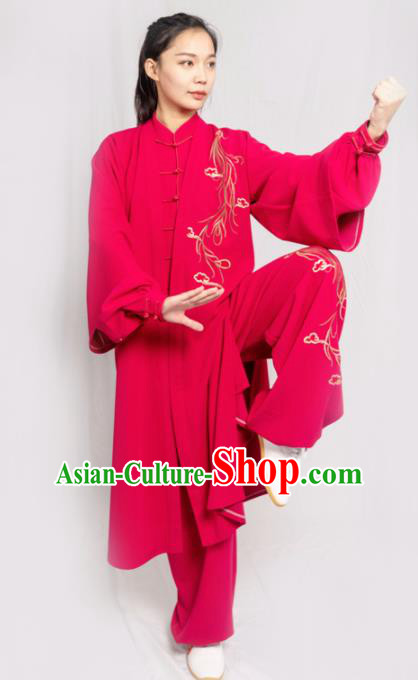 Traditional Chinese Martial Arts Embroidered Rosy Costume Professional Tai Chi Competition Kung Fu Uniform for Women
