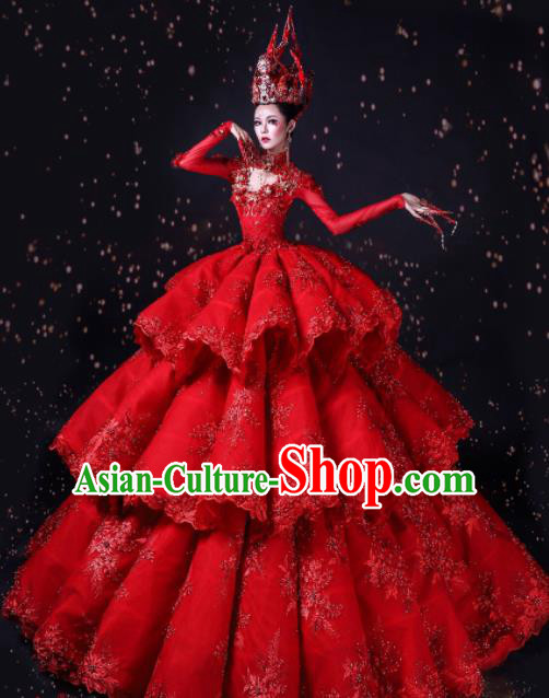 Handmade Modern Fancywork Cosplay Queen Red Full Dress Halloween Stage Show Fancy Ball Costume for Women