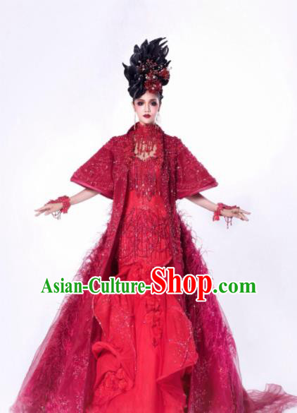 Handmade Modern Fancywork Cosplay Red Trailing Full Dress Halloween Stage Show Fancy Ball Costume for Women