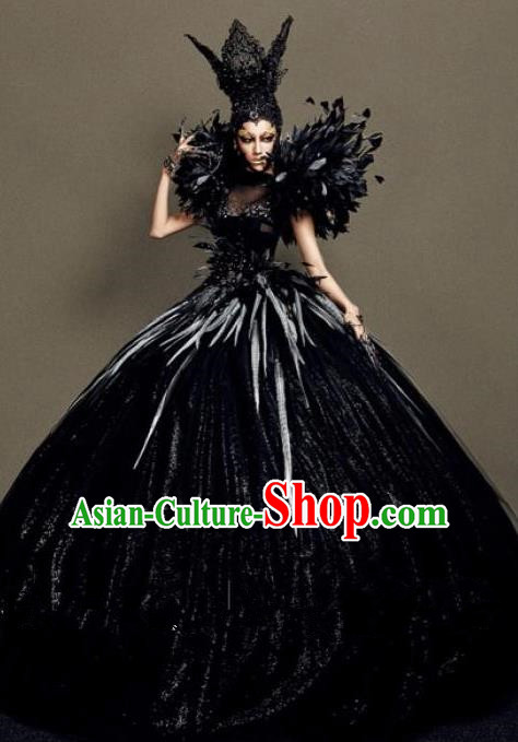 Handmade Modern Fancywork Cosplay Black Feather Full Dress Halloween Stage Show Fancy Ball Costume for Women
