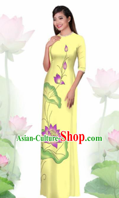 Vietnam Traditional National Costume Printing Lotus Yellow Ao Dai Dress Asian Vietnamese Cheongsam for Women