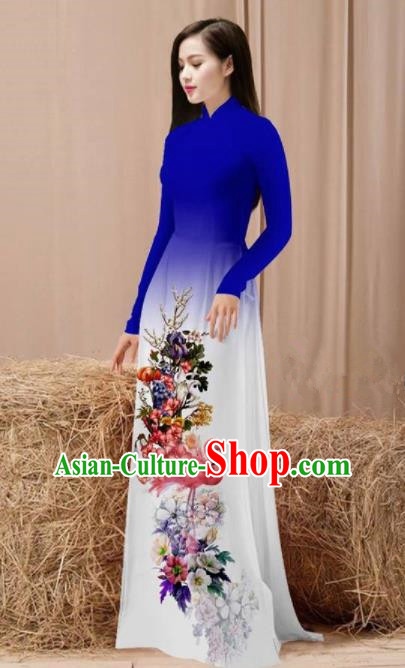 Vietnam Traditional National Costume Printing Flamingo Flowers Royalblue Ao Dai Dress Asian Vietnamese Cheongsam for Women