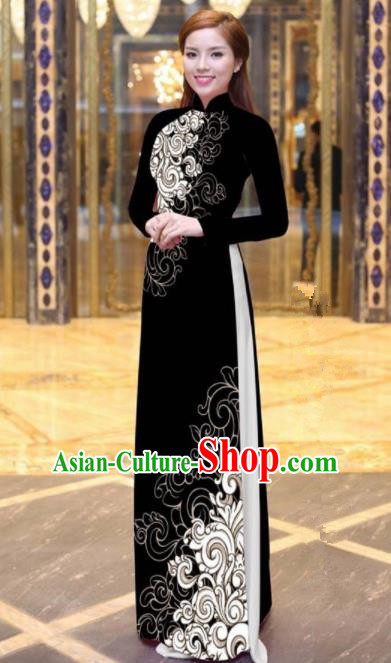 Vietnam Traditional Court Costume Printing Black Ao Dai Dress Asian Vietnamese Cheongsam for Women