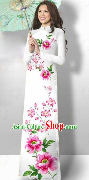 Vietnam Traditional Court Costume Printing Pink Flowers Ao Dai Dress Asian Vietnamese Cheongsam for Women