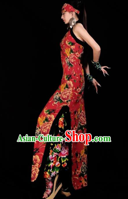 Chinese National Printing Peony Red Cheongsam Costume Traditional Tang Suit Qipao Dress for Women