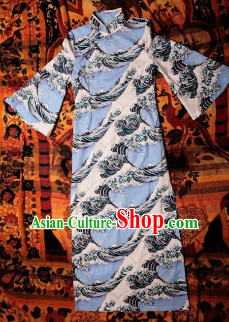 Chinese National Blue Cheongsam Costume Traditional Tang Suit Qipao Dress for Women