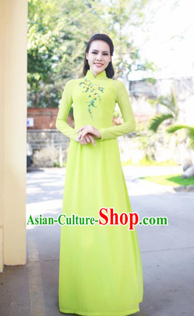 Vietnam Traditional Court Costume Printing Wisteria Green Ao Dai Dress Asian Vietnamese Cheongsam for Women