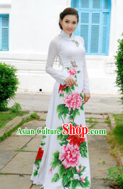 Vietnam Traditional National Costume Printing Peony White Ao Dai Dress Asian Vietnamese Cheongsam for Women
