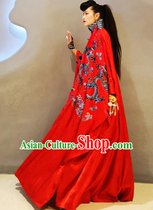 Chinese Traditional Catwalks Costume National Embroidered Red Robe Cheongsam Tang Suit Qipao Dress for Women