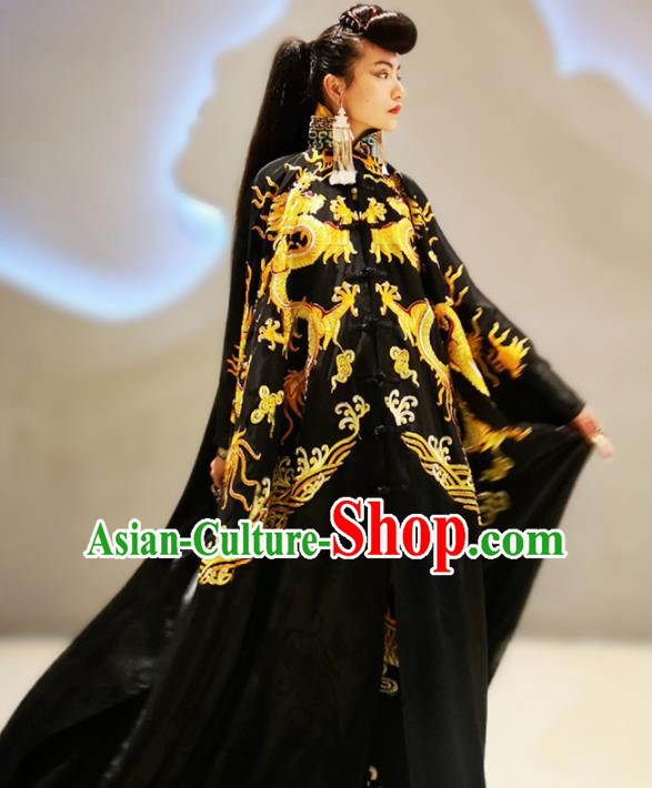 Chinese Traditional Catwalks Costume National Embroidered Black Robe Cheongsam Tang Suit Qipao Dress for Women