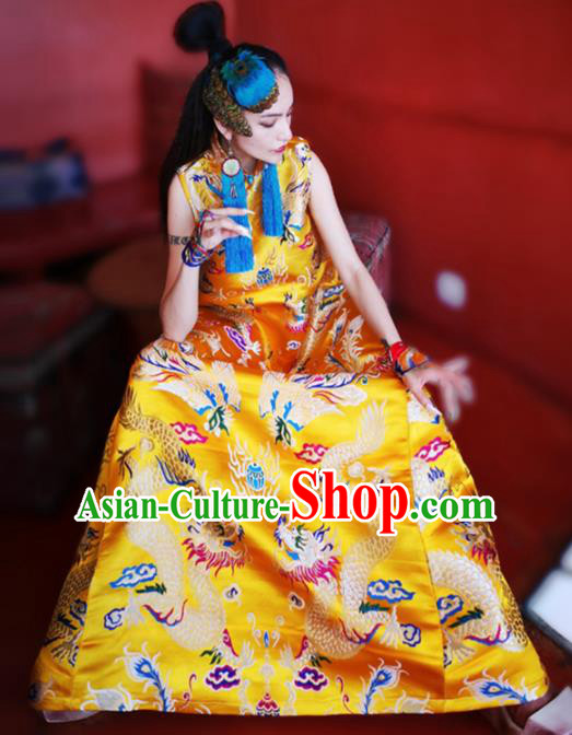 Chinese Traditional Catwalks Costume National Golden Brocade Cheongsam Tang Suit Qipao Dress for Women