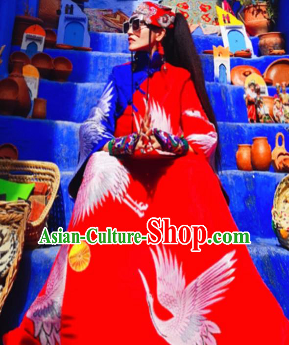 Chinese Traditional Catwalks Costume National Printing Cranes Red Brocade Cheongsam Tang Suit Qipao Dress for Women