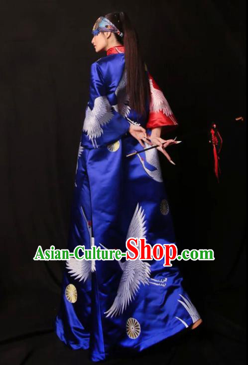 Chinese Traditional Catwalks Costume National Printing Cranes Royalblue Brocade Cheongsam Tang Suit Qipao Dress for Women