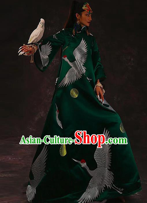 Chinese Traditional Catwalks Costume National Printing Cranes Green Brocade Cheongsam Tang Suit Qipao Dress for Women