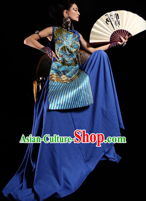 Chinese National Embroidered Blue Cheongsam Traditional Catwalks Costume Tang Suit Qipao Dress for Women