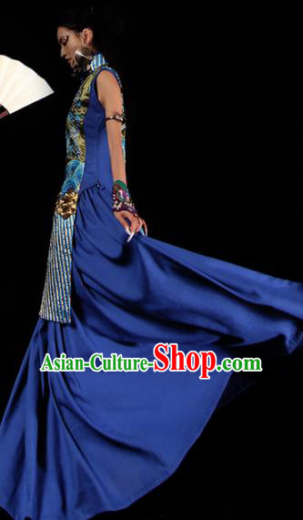 Chinese National Embroidered Blue Cheongsam Traditional Catwalks Costume Tang Suit Qipao Dress for Women