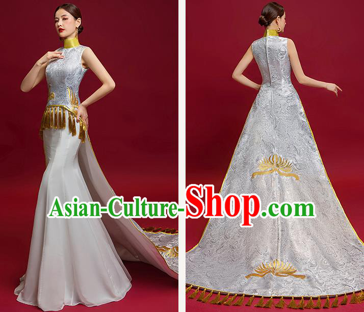 Chinese National Catwalks Embroidered Grey Trailing Full Dress Traditional Compere Cheongsam for Women