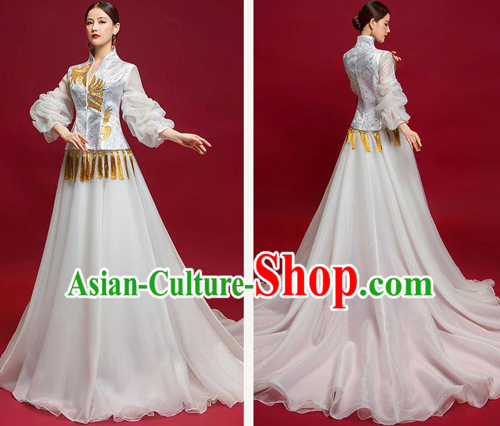 Chinese National Catwalks Embroidered Trailing Veil Full Dress Traditional Compere Cheongsam for Women