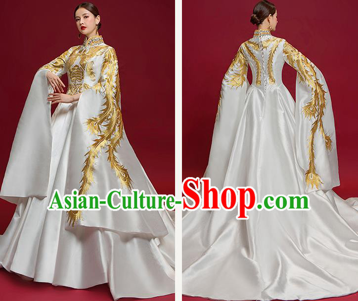 Chinese National Catwalks Embroidered Phoenix Trailing Full Dress Traditional Compere Cheongsam for Women