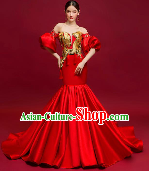 Chinese National Catwalks Costume Red Trailing Cheongsam Traditional Tang Suit Qipao Dress for Women