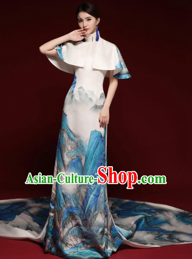 Chinese National Catwalks Landscape Painting White Cheongsam Traditional Costume Tang Suit Qipao Dress for Women