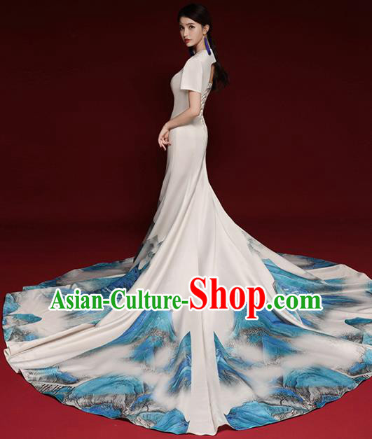 Chinese National Catwalks Printing Landscape Trailing Cheongsam Traditional Costume Tang Suit Qipao Dress for Women