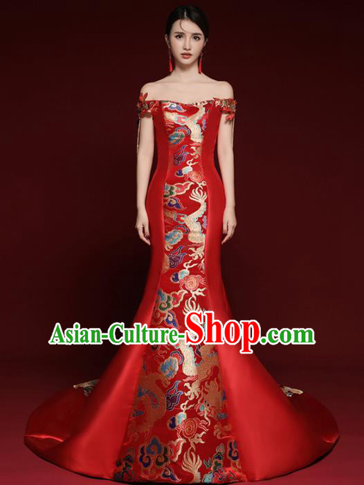 Chinese National Catwalks Red Brocade Trailing Cheongsam Traditional Costume Tang Suit Qipao Dress for Women