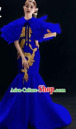 Chinese National Catwalks Royalblue Trailing Cheongsam Traditional Costume Tang Suit Qipao Dress for Women