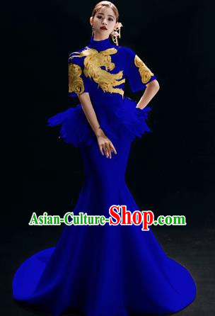 Chinese National Catwalks Embroidered Phoenix Royalblue Trailing Cheongsam Traditional Costume Tang Suit Qipao Dress for Women