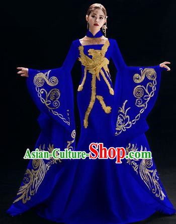 Chinese National Catwalks Cheongsam Traditional Costume Tang Suit Embroidered Royalblue Qipao Dress for Women