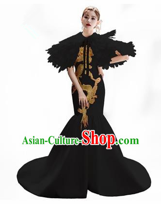 Chinese National Catwalks Embroidered Black Cheongsam Traditional Costume Tang Suit Qipao Dress for Women