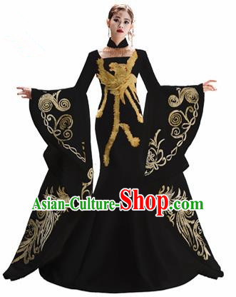 Chinese National Catwalks Embroidered Phoenix Black Cheongsam Traditional Costume Tang Suit Trailing Qipao Dress for Women