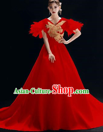 Top Grade Catwalks Red Trailing Full Dress Modern Dance Party Compere Embroidered Costume for Women