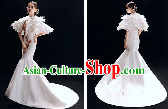 Chinese National Catwalks White Trailing Cheongsam Traditional Costume Tang Suit Embroidered Qipao Dress for Women