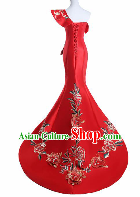 Chinese National Catwalks Costume Embroidered Peony Red Cheongsam Traditional Tang Suit Qipao Dress for Women