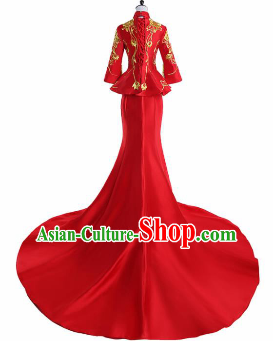 Chinese National Catwalks Costume Embroidered Red Trailing Cheongsam Traditional Tang Suit Qipao Dress for Women
