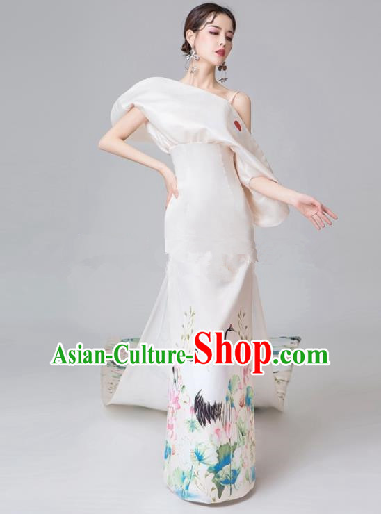 Chinese National Catwalks Printing Crane Lotus White Trailing Cheongsam Traditional Costume Tang Suit Qipao Dress for Women