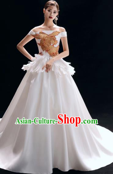 Top Grade Catwalks Compere Embroidered White Trailing Full Dress Modern Dance Party Costume for Women