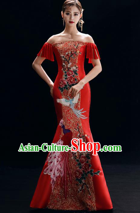 Chinese National Catwalks Embroidered Red Cheongsam Traditional Costume Tang Suit Qipao Dress for Women