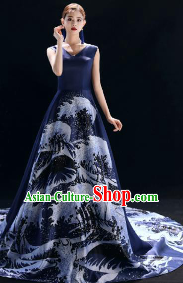 Top Grade Catwalks Compere Navy Trailing Full Dress Modern Dance Party Costume for Women