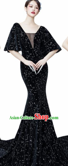 Top Grade Catwalks Compere Black Velvet Full Dress Modern Dance Party Costume for Women