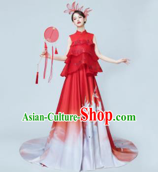 Chinese National Catwalks Printing Red Trailing Cheongsam Traditional Costume Tang Suit Silk Qipao Dress for Women