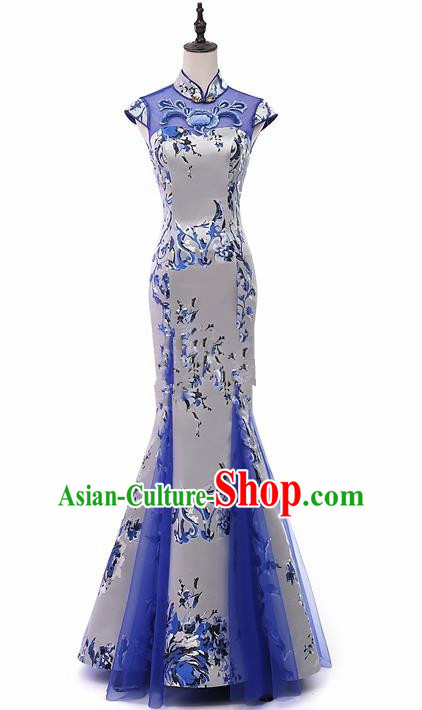 Chinese National Catwalks Mermaid Cheongsam Traditional Costume Tang Suit Silk Qipao Dress for Women