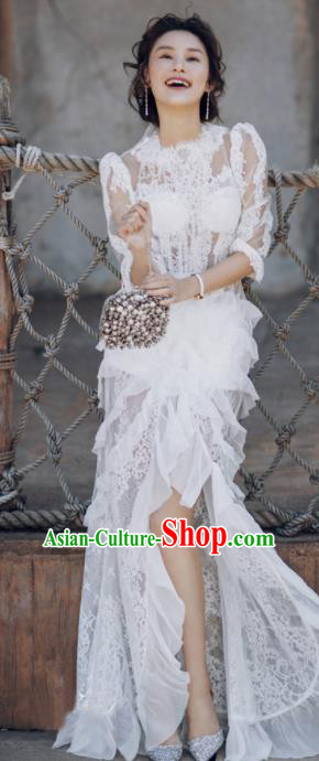 Top Grade Chorus Compere Costume Modern Dance Party Catwalks White Lace Full Dress for Women